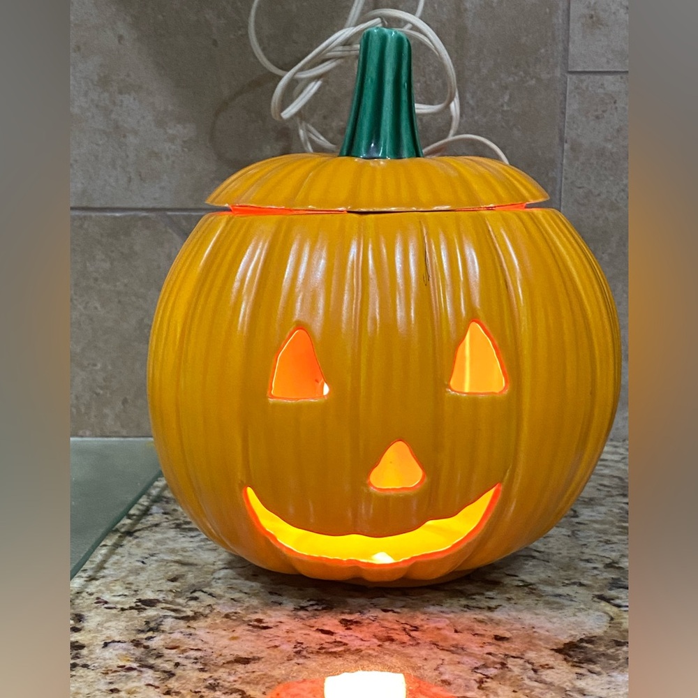 Vintage Light Up Pumpkin Ribbed Ceramic Wall Plug in